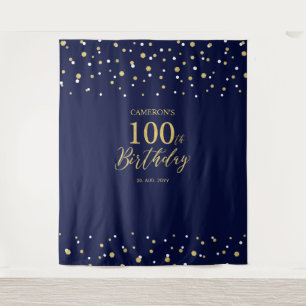Hundred Gold & Navy 100th Birthday Party Backdrop Tapestry