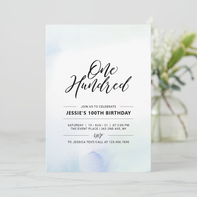 Hundred | Minimal 100th Birthday Party Watercolor  Invitation (Standing Front)