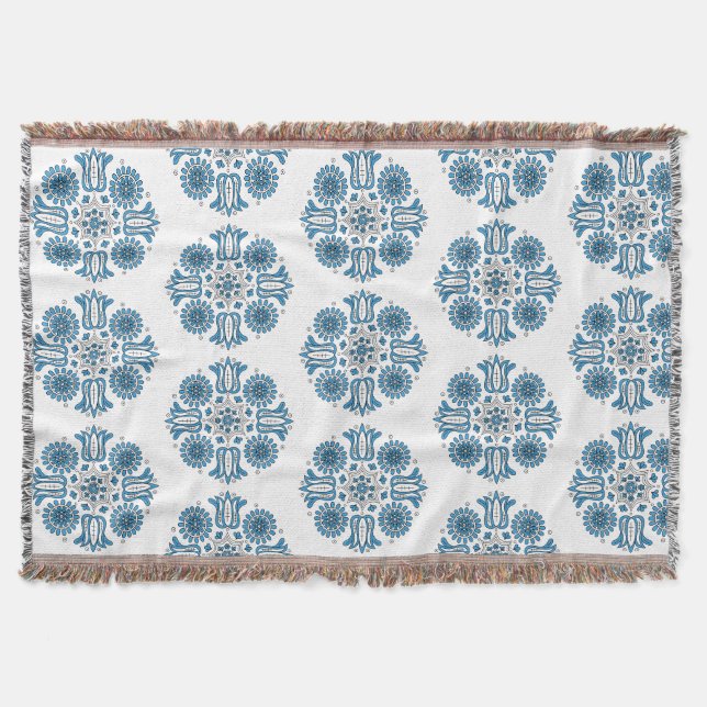 Hungarian Blue Folk Tulip Woven  Throw Blanket (Front)