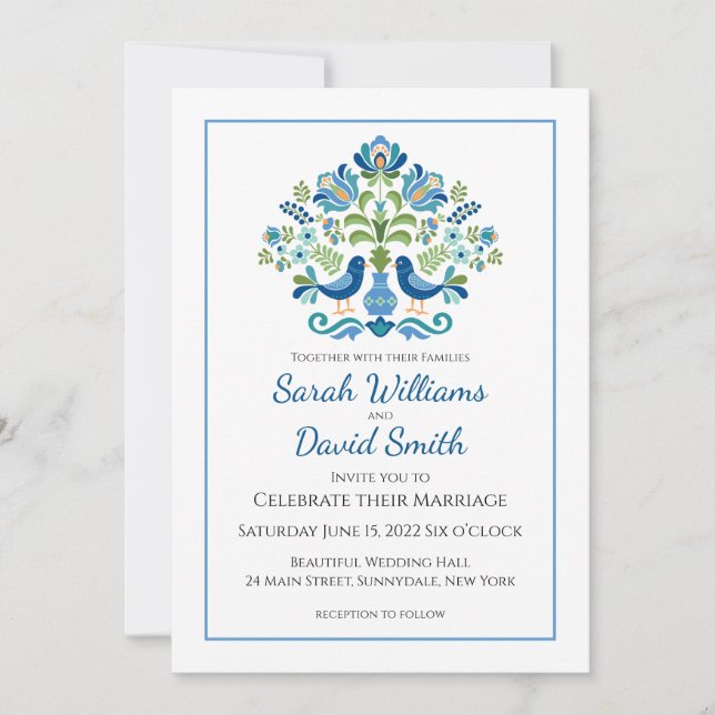 Hungarian Design Blue Birds Wedding Invitation (Front)