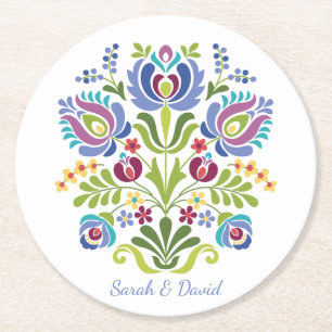Hungarian Design Violet Floral Round Paper Coaster