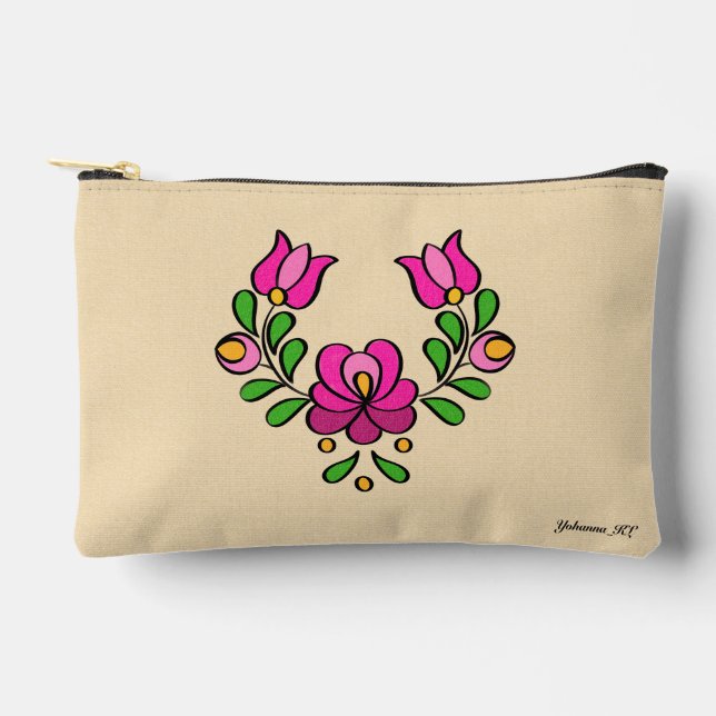 Hungarian Embroidery Pattern, "Matyó" - pink Accessory Pouch (Front)