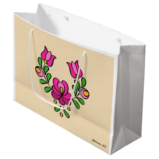 Hungarian Embroidery Pattern, "Matyó" - pink Large Gift Bag (Front Angled)