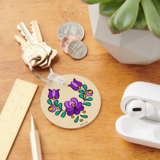 Hungarian Embroidery Pattern, "Matyó" - purple Key Ring