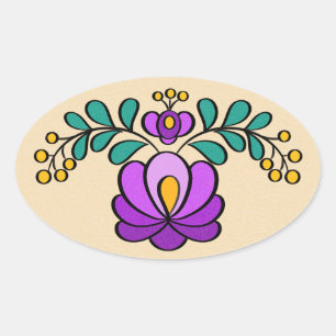 Hungarian Embroidery Pattern, "Matyó" - purple Oval Sticker