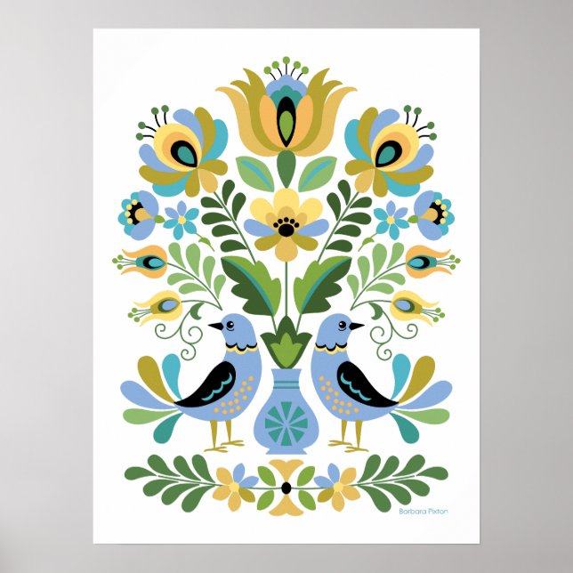 Hungarian Folk Art Birds in Blue and Gold Poster (Front)