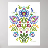 Hungarian Folk Design Blue and Purple Flowers