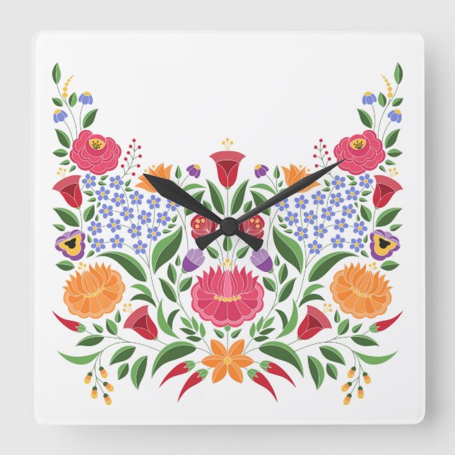 Hungarian folk pattern – Kalocsa embroidery flower Square Wall Clock (Front)