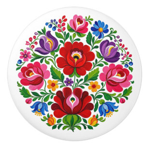 Hungarian Kalocsa Floral Folk Art Ceramic Knob