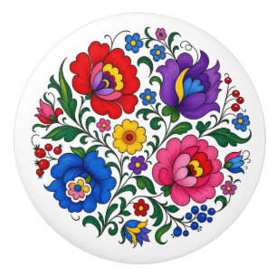 Hungarian Kalocsa Florals Folk Art Ceramic Knob
