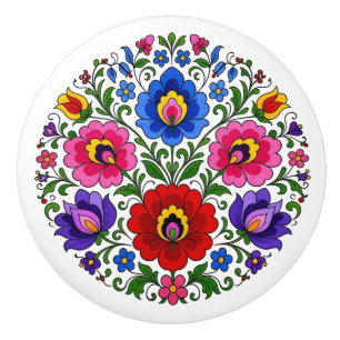 Hungarian Kalocsa Flowers Folk Art Ceramic Knob