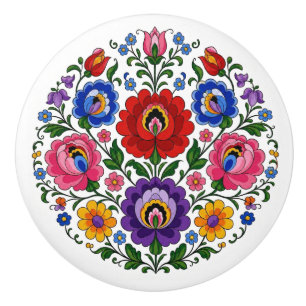 Hungarian Kalocsa Folk Art Flowers Ceramic Knob