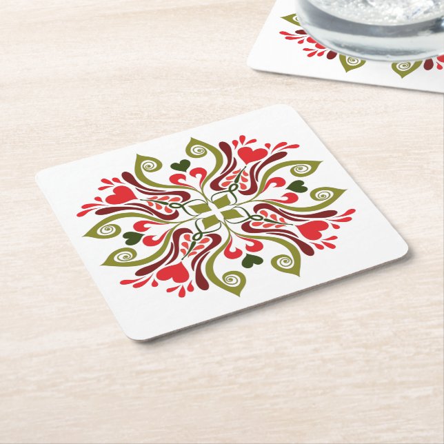 Hungarian Tulip Floral Motif Square Paper Coaster (Angled)