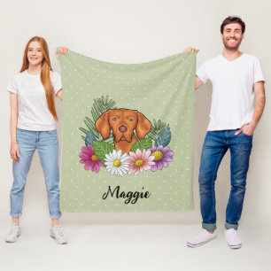Hungarian Vizsla And Colourful Summer Flowers Gree Fleece Blanket