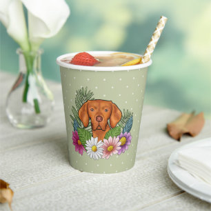 Hungarian Vizsla And Colourful Summer Flowers Gree Paper Cups