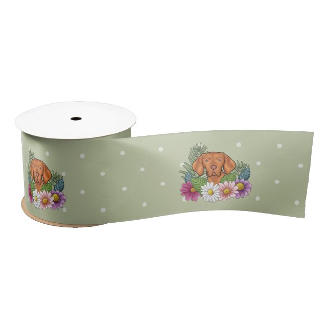 Hungarian Vizsla And Colourful Summer Flowers Gree Satin Ribbon (Spool)