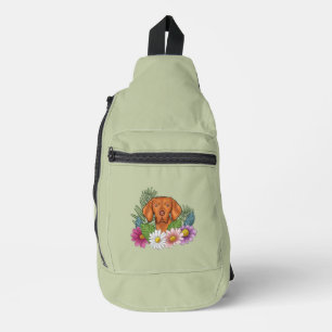 Hungarian Vizsla And Colourful Summer Flowers Gree Sling Bag