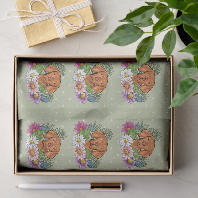 Hungarian Vizsla And Colourful Summer Flowers Gree Tissue Paper (Gift)