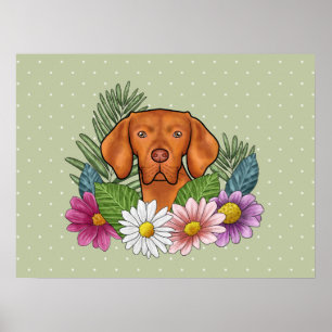 Hungarian Vizsla And Colourful Wildflowers Green Poster