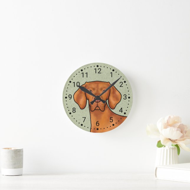Hungarian Vizsla Cartoon Pointer Dog Head Green Round Clock (Home)