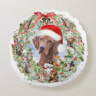 Hungarian Vizsla Christmas wreath Round Cushion