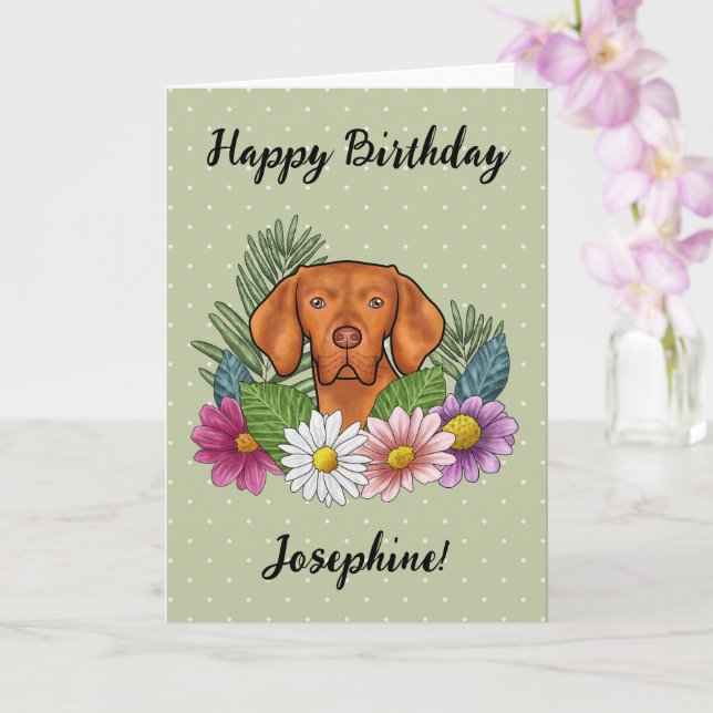 Hungarian Vizsla Colourful Flowers Happy Birthday Card (Orchid)