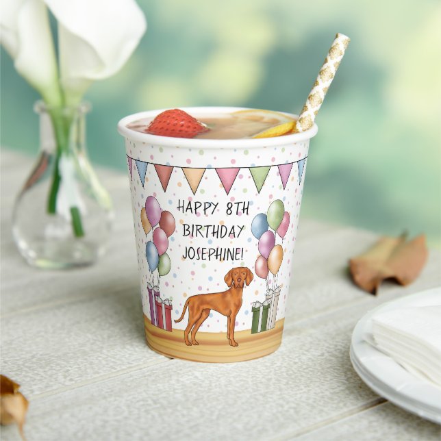 Hungarian Vizsla Colourful Pastel Happy Birthday Paper Cups (Insitu)