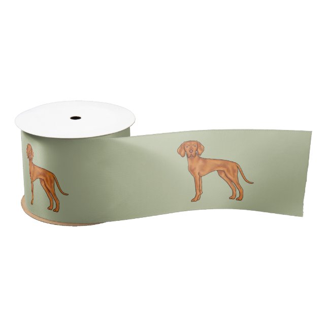 Hungarian Vizsla Cute Pointer Dog Drawing Green Satin Ribbon (Spool)