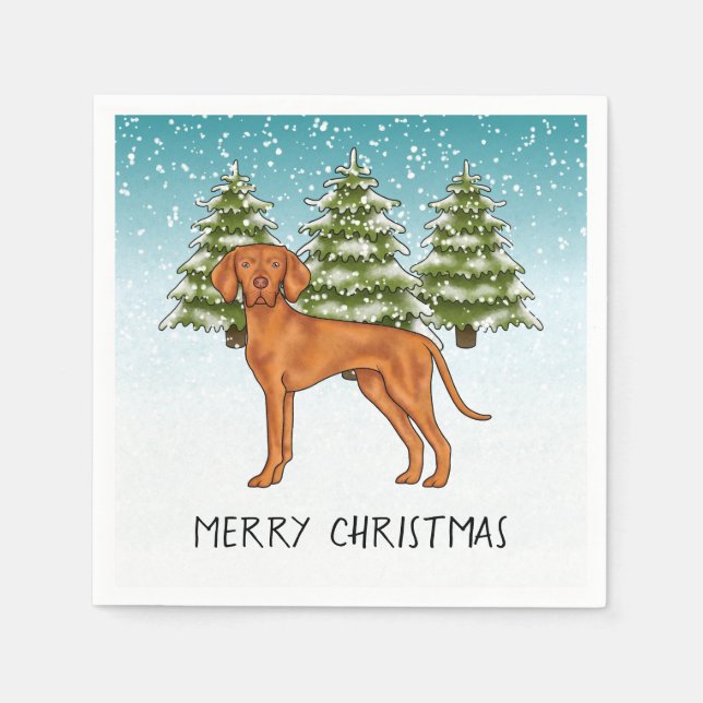 Hungarian Vizsla Dog Snowy Winter Forest And Text Napkin (Front)