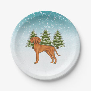 Hungarian Vizsla Dog Snowy Winter Forest Festive Paper Plate