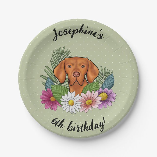 Hungarian Vizsla Dog Summer Floral Happy Birthday Paper Plate (Front)