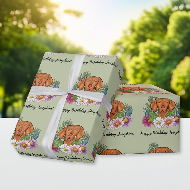 Hungarian Vizsla Dog Summer Floral Happy Birthday Wrapping Paper (Creator Uploaded)