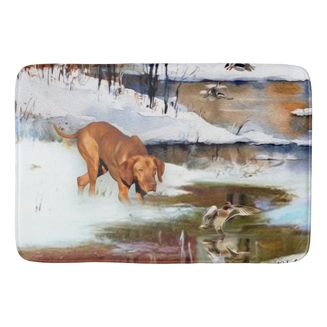 Hungarian Vizsla, hunting ducks in winter     Bath Mat (Front)