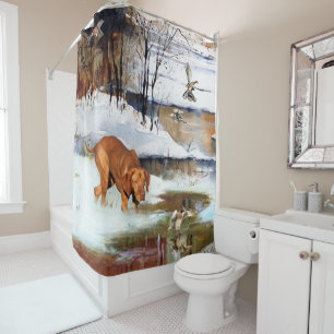 Hungarian Vizsla, hunting ducks in winter Shower Curtain