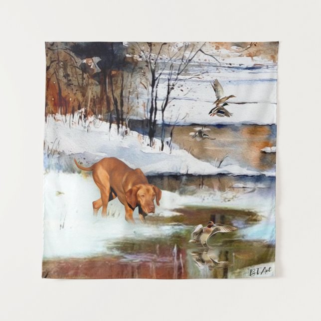 Hungarian Vizsla, hunting ducks in winter Tapestry (Front)