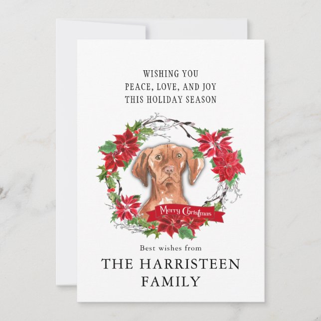 Hungarian Vizsla Watercolor Poinsettia Christmas Holiday Card (Front)