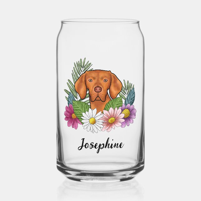 Hungarian Vizsla With Colourful Flowers And Name Can Glass (Front)