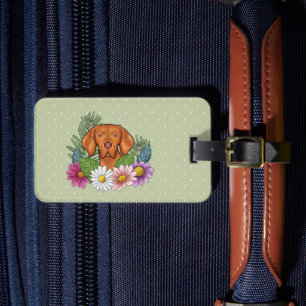 Hungarian Vizsla With Colourful Flowers And Name Luggage Tag