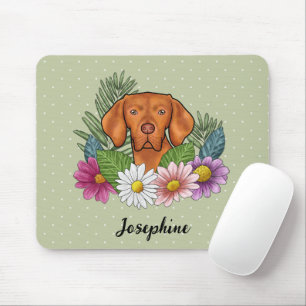 Hungarian Vizsla With Colourful Flowers And Name Mouse Pad