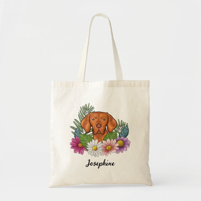 Hungarian Vizsla With Colourful Flowers And Name Tote Bag (Front)