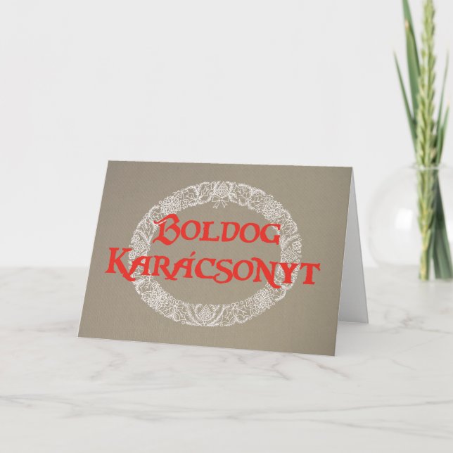 Hungarian White Christmas Wreath Red Burlap Holiday Card (Front)