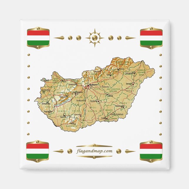 Hungary Map + Flags Magnet (Front)