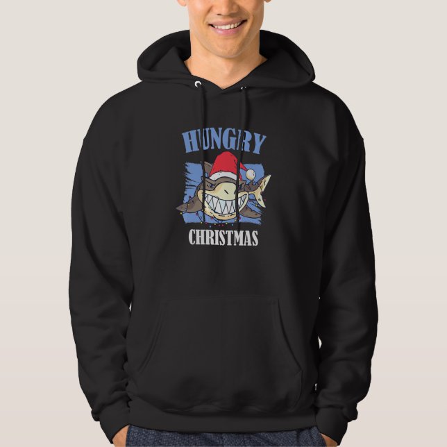 Hungry Christmas Shark With A Christmas Hat Hoodie (Front)
