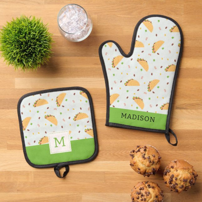 Hungry For Tacos Pattern Oven Mitt & Pot Holder Set (Top Down)