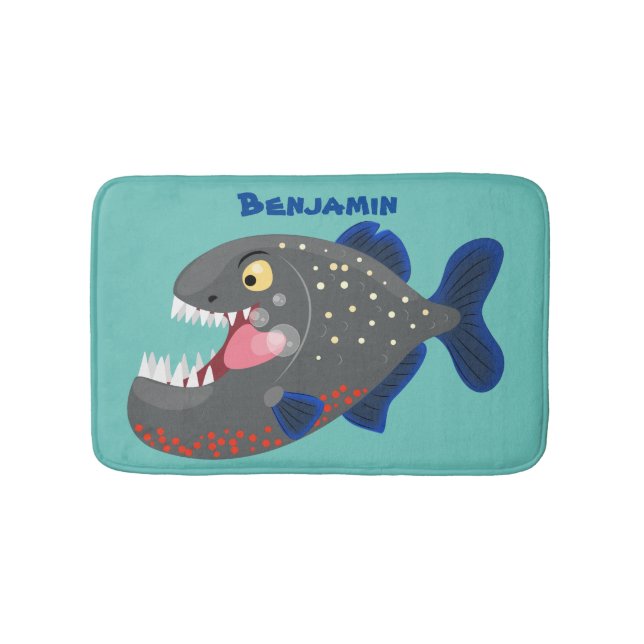 Hungry funny piranha cartoon illustration bath mat (Front)