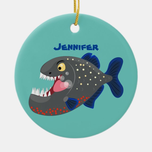 Hungry funny piranha cartoon illustration ceramic tree decoration (Front)