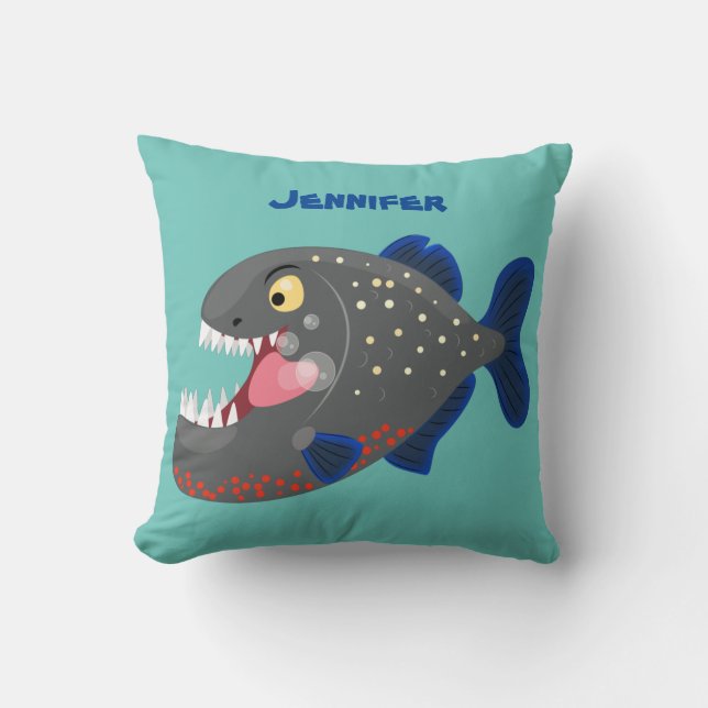 Hungry funny piranha cartoon illustration cushion (Front)