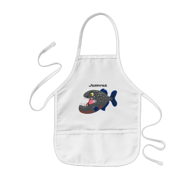 Hungry funny piranha cartoon illustration kids apron (Front)
