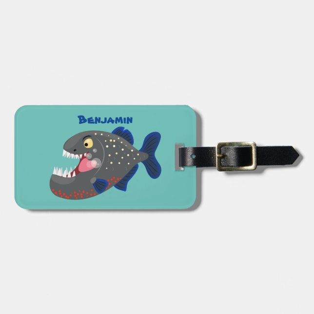 Hungry funny piranha cartoon illustration luggage tag (Front Horizontal)