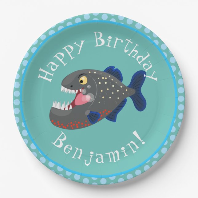 Hungry funny piranha cartoon illustration paper plate (Front)
